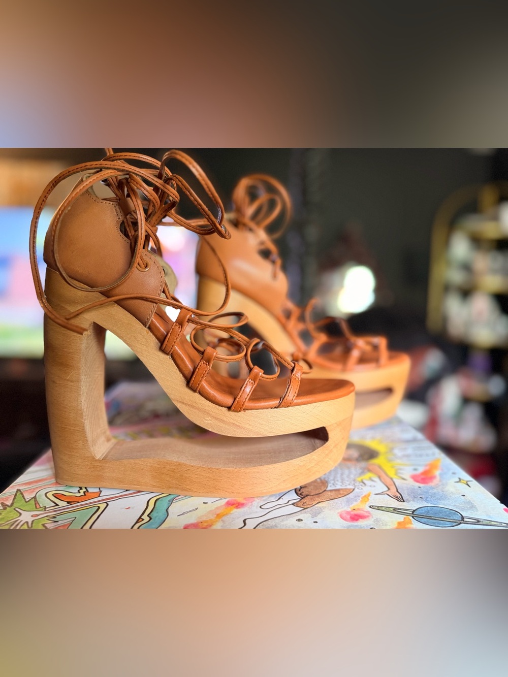 Jeffrey Campbell Tan BLAZE-UP Lace-Up Platform Wooden Wedge